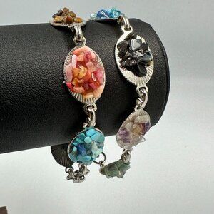 Vintage Gemstone Chip Bracelets Lot 2 Silver Tone Link Tigers Eye Amethyst Turqu